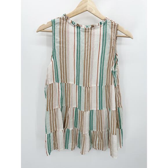 J. Jill Cream Striped Tank Top Size SP Tie Neck Tiered Boho Summer Resort - Picture 2 of 9